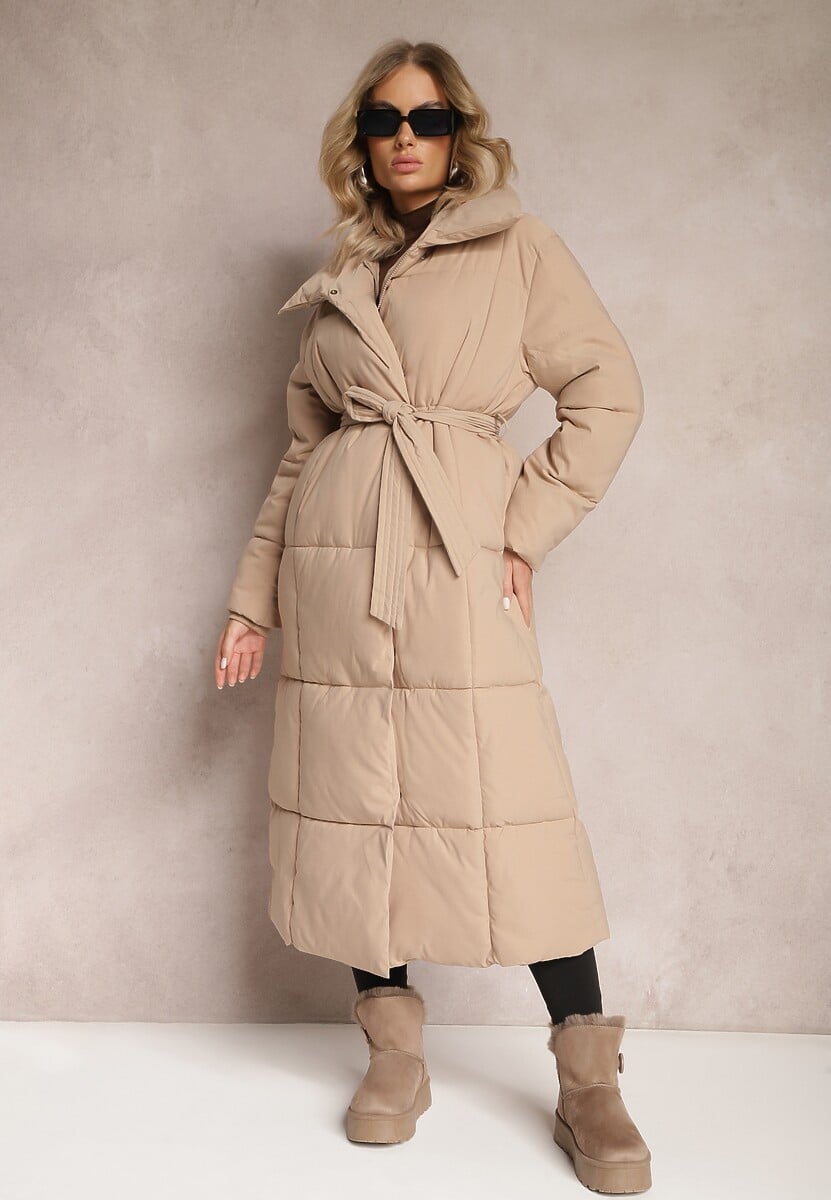 Beżowa Długa Kurtka Pikowana Płaszcz z Paskiem Adellesstta