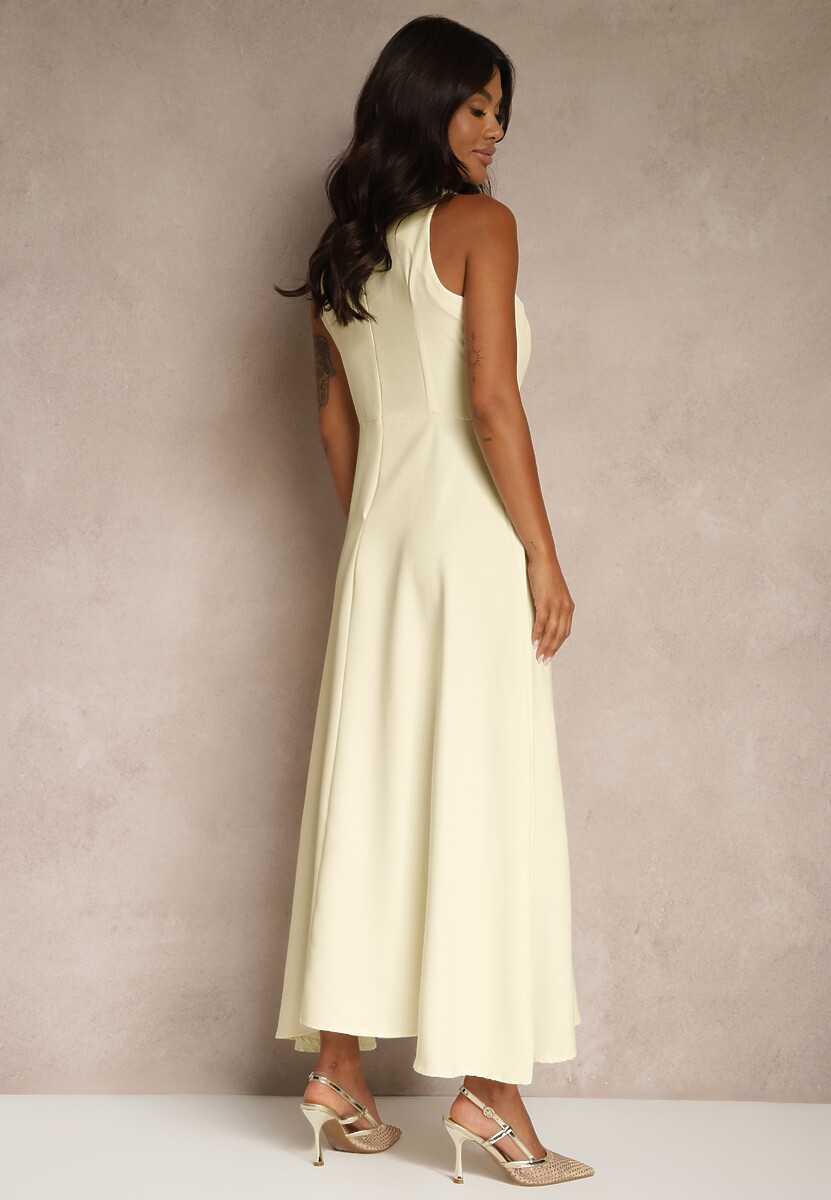 Żółta Koktajlowa Sukienka z Wiskozą i Dekoltem Halter Dolmanna