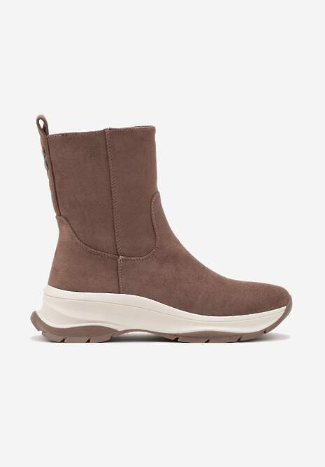 Ciemnobeżowe Streetwearowe Botki z Ekozamszu na Tłoczonej Platformie Realaeth