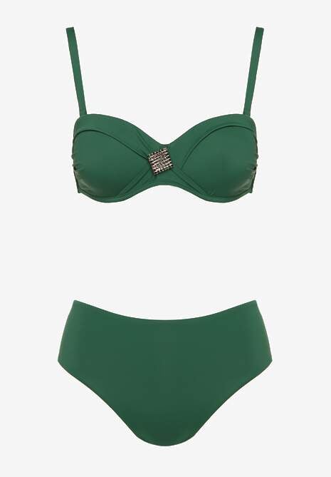 Ciemnozielone Bikini Biustonosz Ozdobiony Geometryczną Aplikacją i Majtki Figi Kinrina