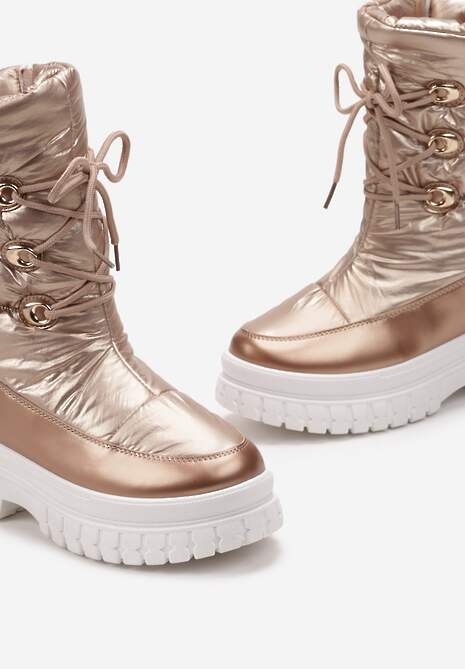 Szampańskie Sznurowane Śniegowce z Ozdobnym Pikowaniem i Połyskiem Birala