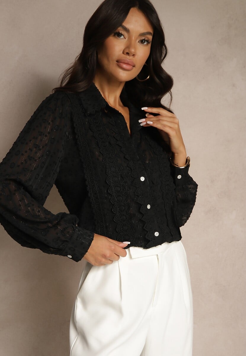 Czarna Koszula z Transparentnej Tkaniny z Koronką i Metalicznymi Przeszyciami Sepuria