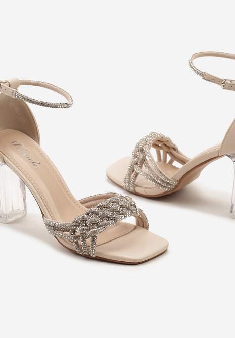 Beżowe Sandały z Ekoskóry na Transparentnym Słupku Zdobione Cyrkoniami ze Sprzączką Lotesa