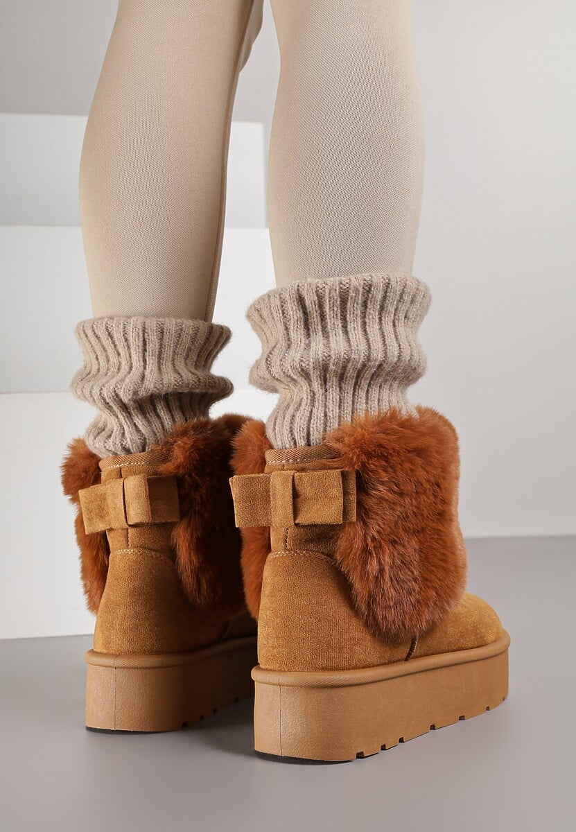 Jasnobrązowe Śniegowce z Cholewką za Kostkę Ocieplane z Futerkiem i Małą Kokardą Reinedia