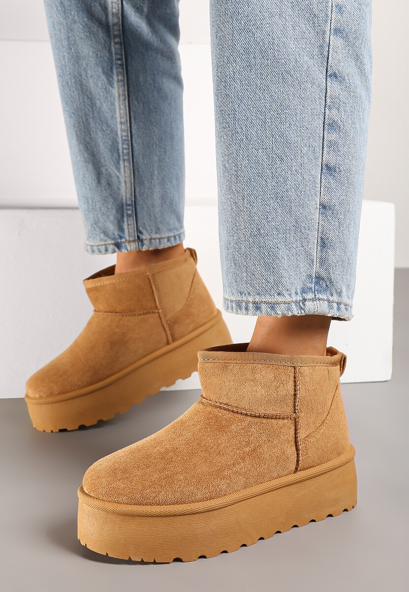 Brązowe Śniegowce na Platformie Ozdobionej Tłoczeniem z Niską Cholewką Inarinne