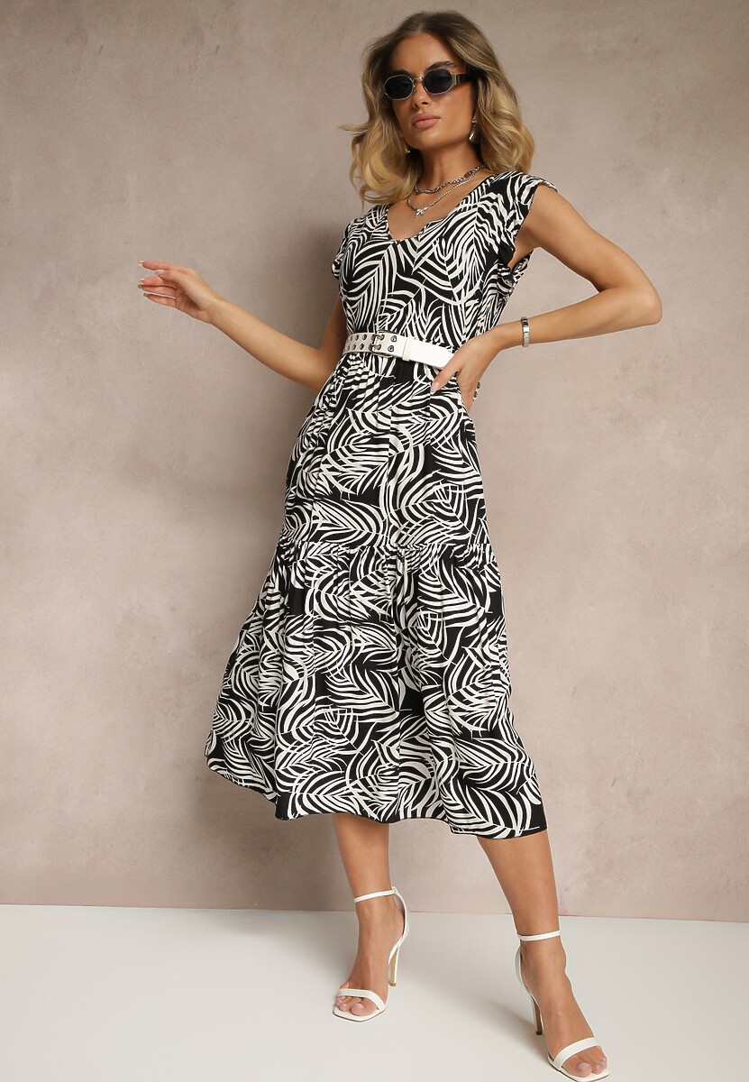 Czarna Sukienka z Bawełny we Florystyczny Print Rozkloszowana Diviora