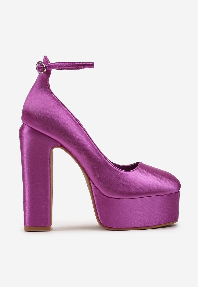 Fioletowe Czółenka Satynowe na Platformie i Słupku Enalae