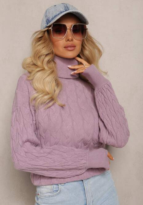 Fioletowy Sweterkowy Golf o Warkoczykowym Splocie Taitusi