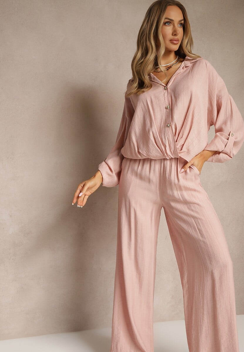 Różowy Komplet z Wiskozy w Stylu Oversize Szerokie Spodnie i Luźna Koszula na Guziki Natinne