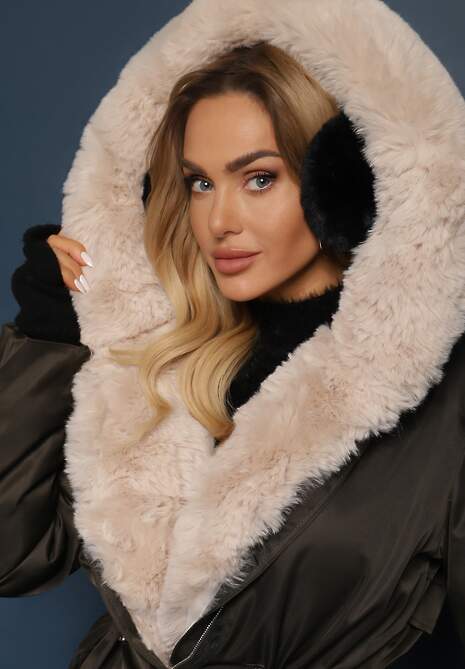 Ciemnozielona Długa Kurtka Parka Nylonowa Płaszcz z Futrzanymi Wstawkami Rinale