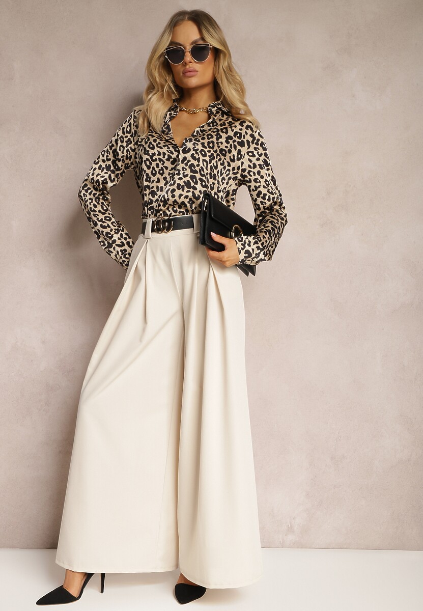 Beżowe Spodnie High Waist z Szerokimi Nogawkami i Paskiem Brillara