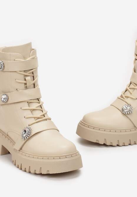 Beżowe Workery Botki z Rzepami Ozdobione Klamerkami z Cyrkonami Sotina