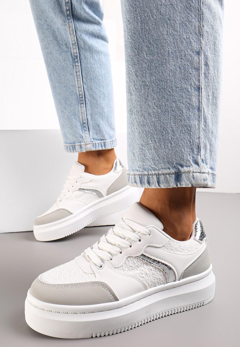Białe Płaskie Sneakersy na Grubej Podeszwie z Metalicznymi Wstawkami Odelita