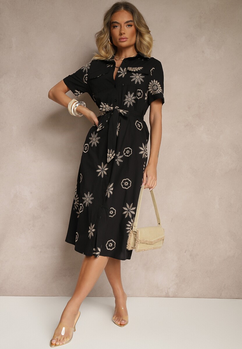 Czarna Wiskozowa Sukienka Koszulowa Ozdobiona Paskiem i Haftem Divaloria