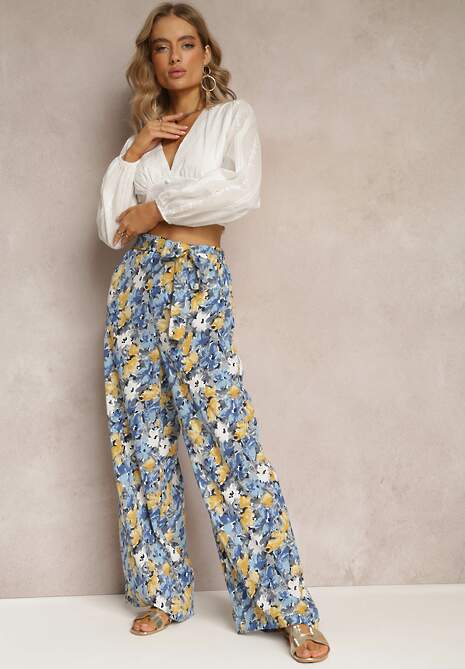 Niebieskie Długie Spodnie z Szerokimi Nogawkami oraz Kieszeniami i Materiałowym Paskiem Omina