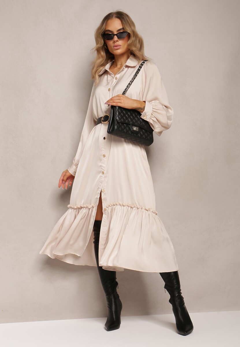 Beżowa Koszulowa Sukienka Midi z Paskiem i Ozdobną Falbanką Mulimani