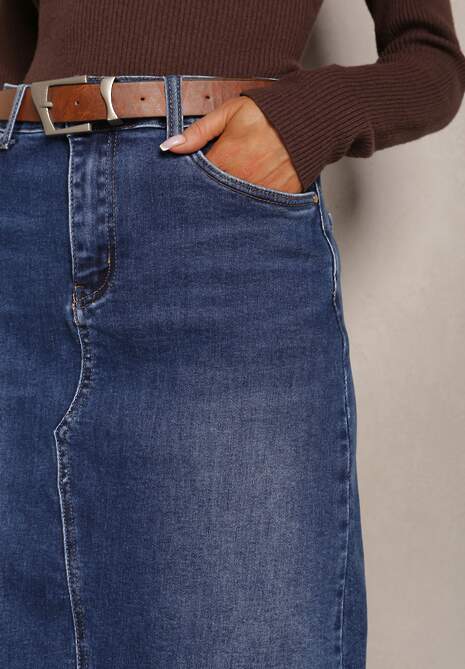 Niebieska Jeansowa Spódnica Midi z Paskiem i Ozdobnym Rozcięciem Amaias