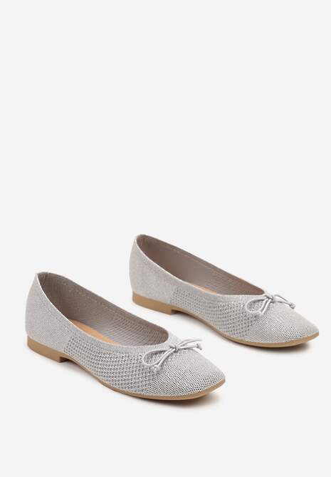 Srebrne Plecione Balerinki na Płaskiej Podeszwie z Kokardą Felarine