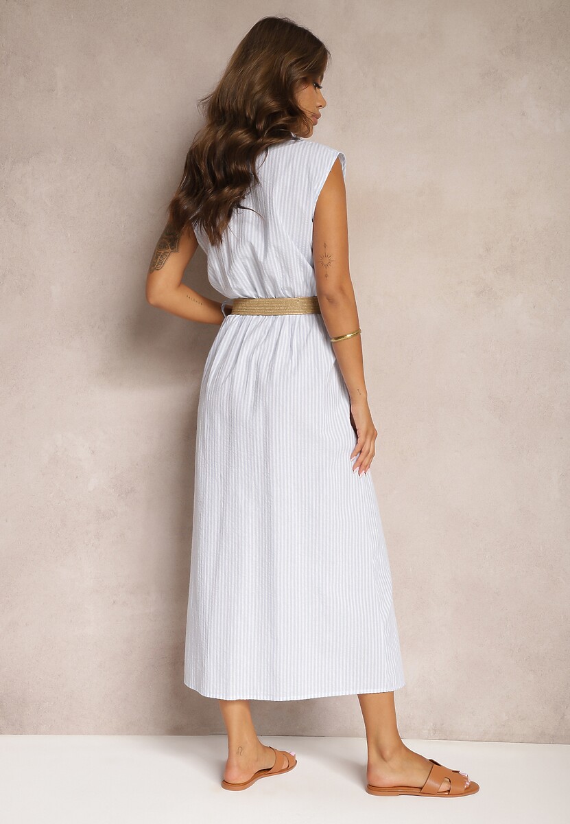 Niebieska Koszulowa Sukienka z Bawełny Bez Rękawów z Paskiem i Gumką w Talii Zalorea