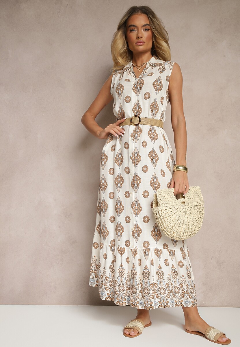 Beżowa Koszulowa Sukienka z Wiskozy Ozdobiona Paskiem z Klamrą Eranelis