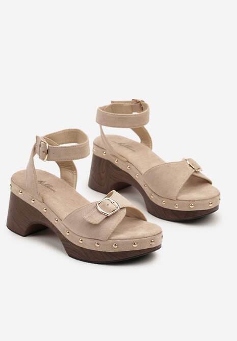 Ciemnobeżowe Sandały na Słupku i Platformie z Ozdobną Klamrą i Nitami Malverea