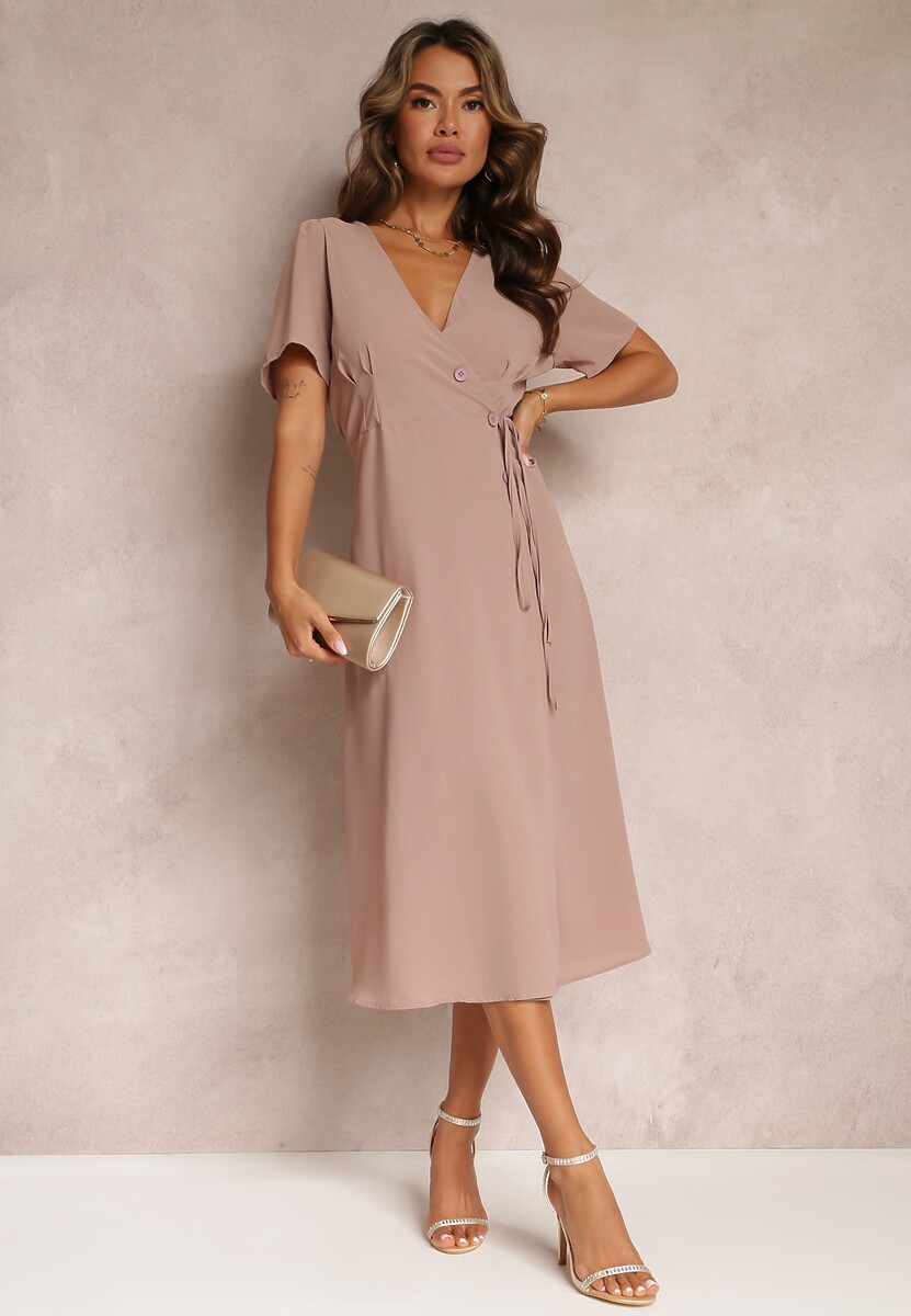 Ciemnobeżowa Sukienka Midi z Kopertowym Dekoltem i Wiązaniem w Pasie Elisanu