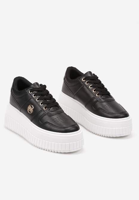 Czarne Sneakersy na Tłoczonej Platformie z Metaliczną Wstawką z Boku Mevel