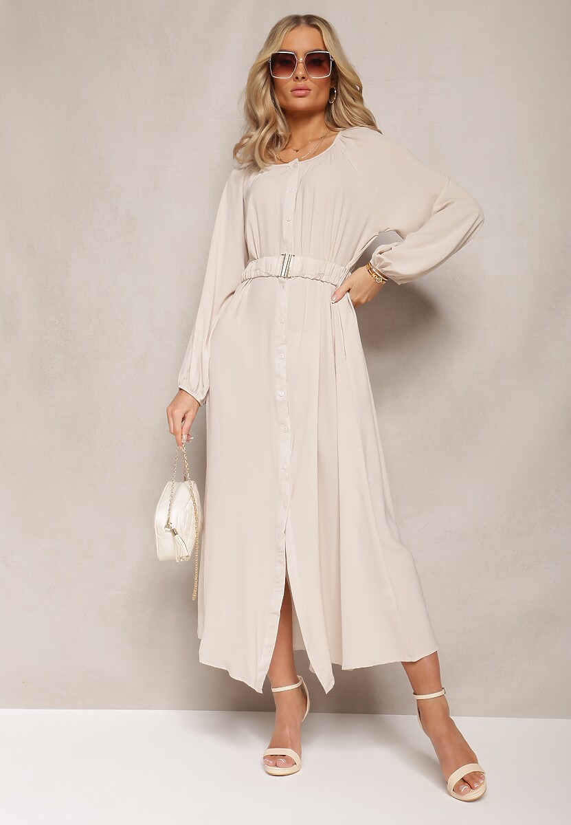 Jasnobeżowa Sukienka Maxi o Swobodnym Kroju z Guzikami i Paskiem z Metaliczną Klamrą Ferian