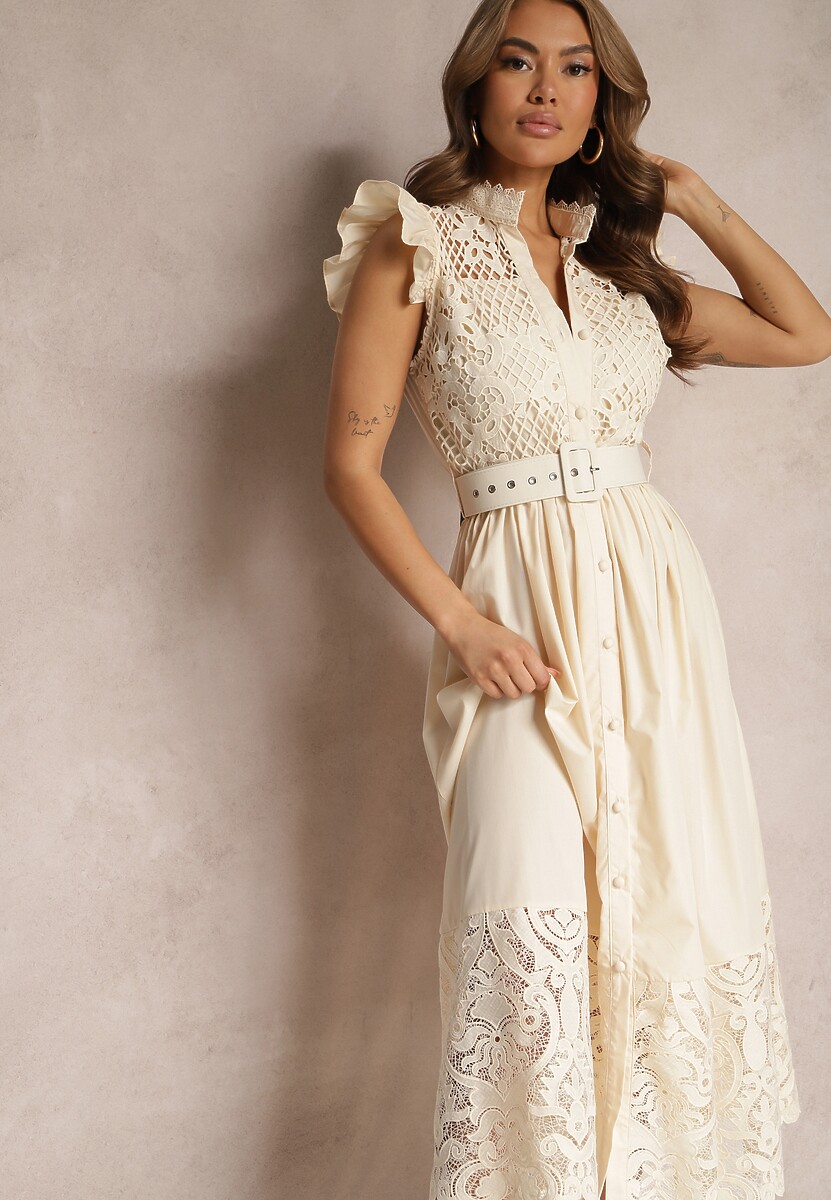 Beżowa Koszulowa Sukienka z Ażurowym Zdobieniem i Paskiem z Prostokątną Klamrą Trika