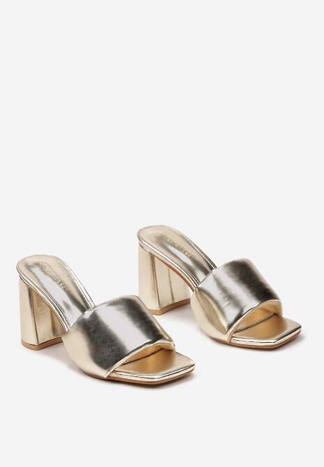 Złote Klapki na Geometrycznym Słupku z Szerokim Paskiem Willara