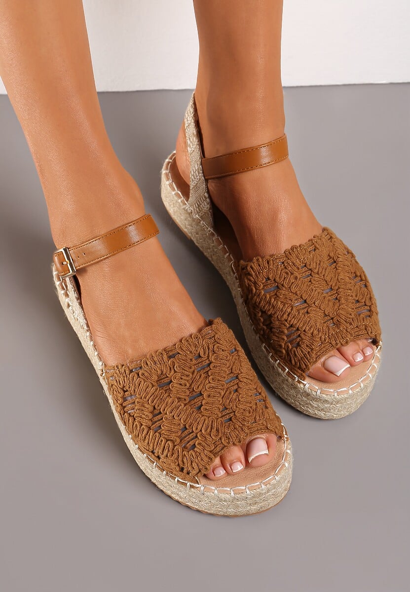 Brązowe Sandały Plecione w Stylu Espadryli na Platformie z Juty Garita