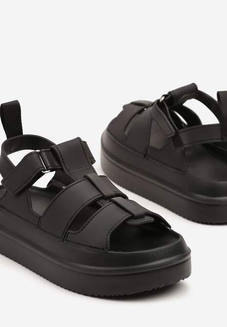 Czarne Sandały w Stylu Gladiatorek z Rzepem Faliniela