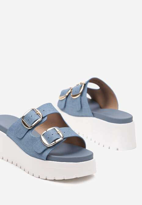 Niebieskie Klapki z Dwiema Sprzączkami na Koturnie i Niskiej Platformie Nrisa