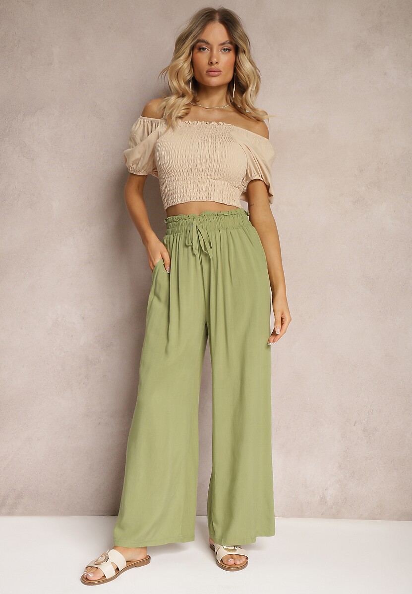 Jasnozielone Spodnie z Bawełny Typu Palazzo High Waist z Gumką w Talii Nelsaria
