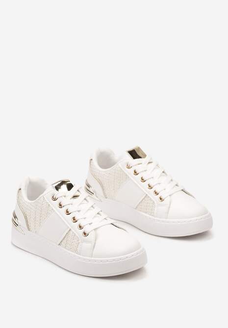 Biało-Beżowe Sznurowane Sneakersy z Ekoskóry z Plecionką i Metaliczną Wstawką Josephina