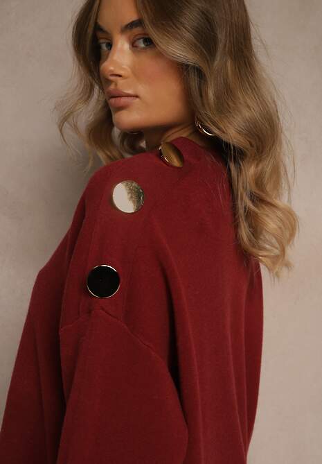 Bordowy Sweter z Metalicznymi Guzikami na Ramieniu Ederlia