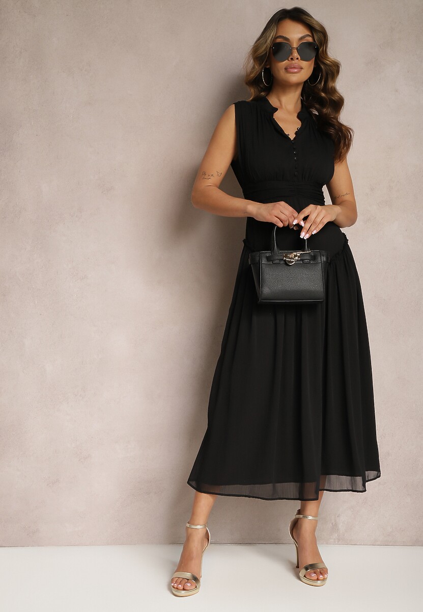 Czarna Rozkloszowana Sukienka Długa z Guzikami o Taliowanym Fasonie Jovitta