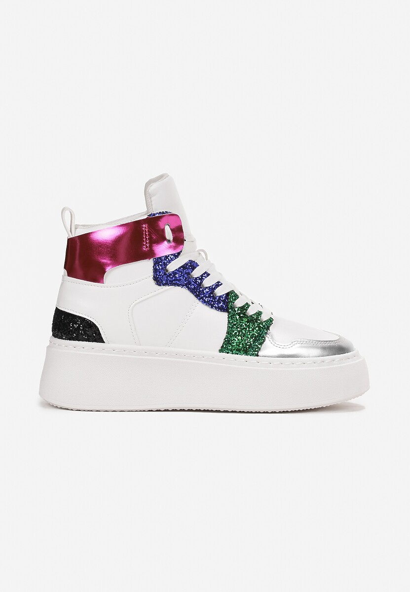 Biało-Niebieskie Sznurowane Sneakersy za Kostkę z Brokatem i Metalicznymi Wstawkami Sareena