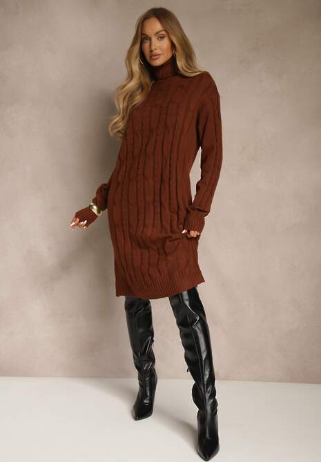 Jasnobrązowa Sukienka Sweterkowa z Golfem Wełną  Bawełną i Ozdobnym Splotem Reilenea