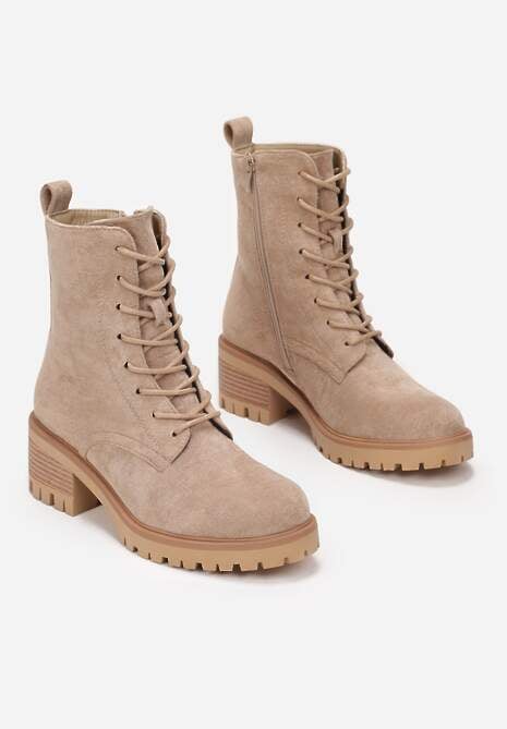 Beżowe Botki ze Sznurowaniem Ditra