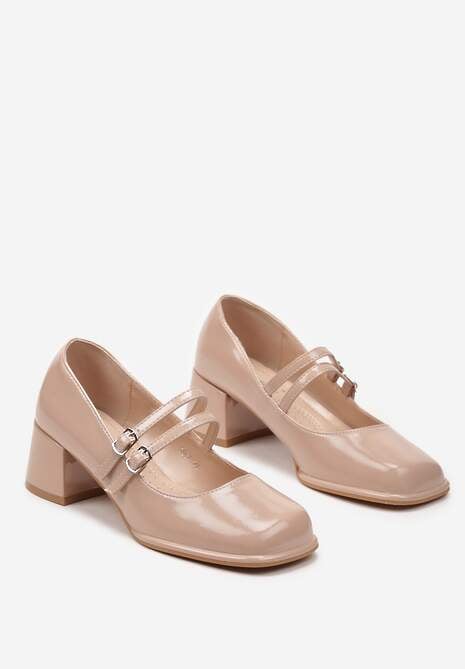 Beżowe Czółenka z Lakierowanej Ekoskóry na Słupku ze Sprzączkami Danida