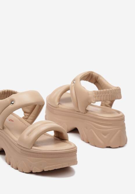 Ciemnobeżowe Sandały z Imitacji Skóry na Płaskiej Grubej Podeszwie Farena