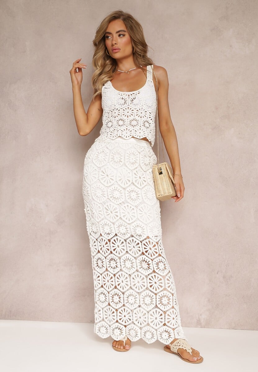 Biała Spódnica Maxi z Szydełkowej Tkaniny Jeslira