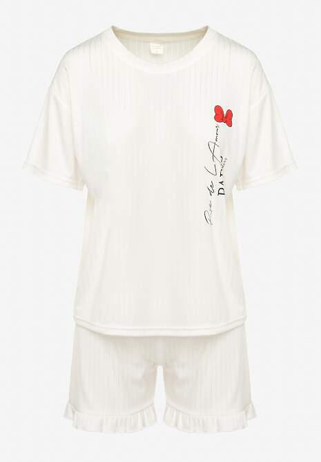 Jasnobeżowy Komplet Piżamowy Szorty Wykończone Falbanką i Koszula z Nadrukiem Tyrvea