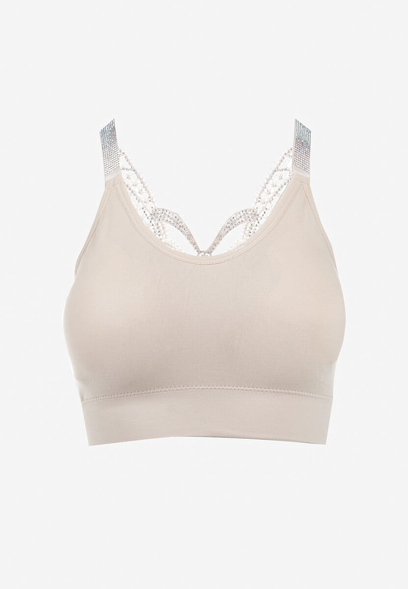 Beżowy Biustonosz na Szerokich Ramiączkach z Koronką w Cyrkonie Caduria