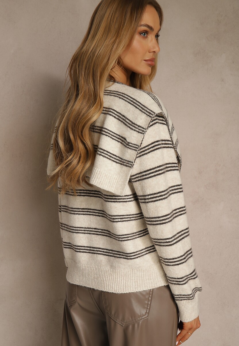 Beżowy Kardigan z Dodatkiem Wełny Zdobiony Wzorem w Paski i Narzutką Fedira