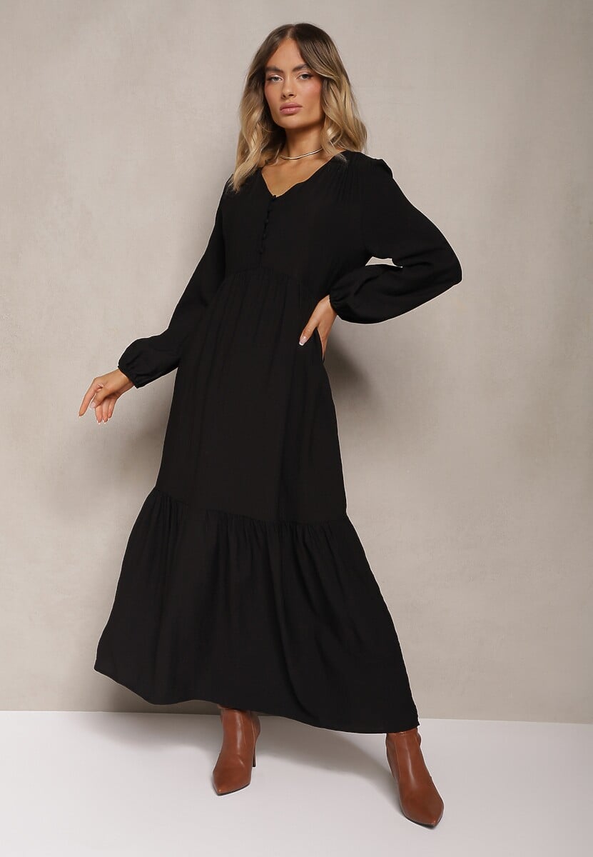 Czarna Rozkloszowana Sukienka Pudełkowa Maxi z Ozdobnymi Guzikami Nervatti