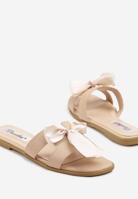 Beżowe Klapki Ozdobione Kokardą i Wycięciami Nilirelle