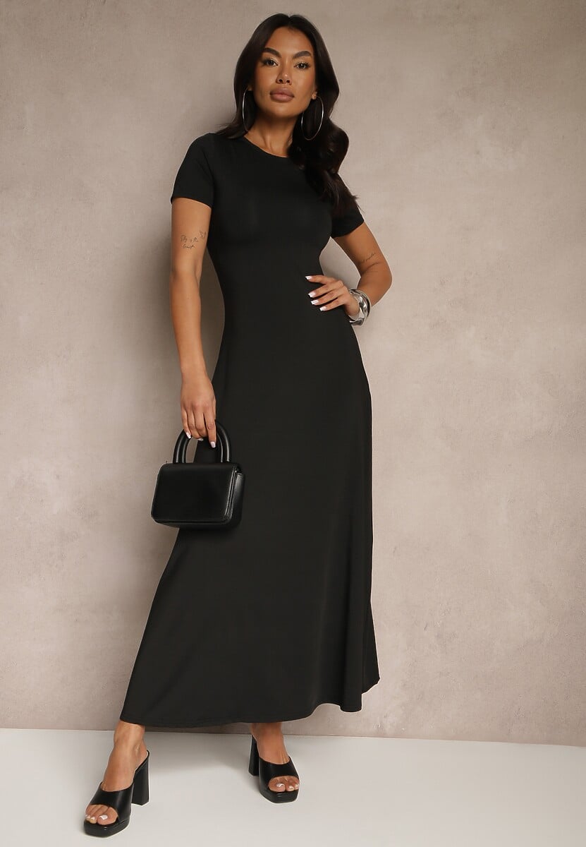 Czarna Taliowana Sukienka z Krótkim Rękawem Liranisea