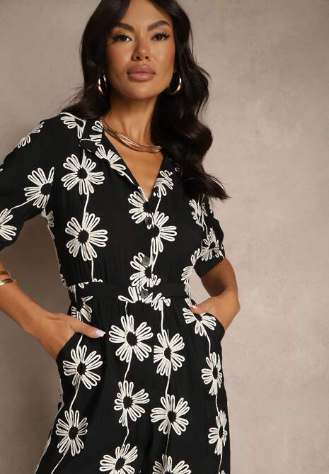 Czarny Koszulowy Kombinezon z Wiskozy z Krótkim Rękawem i Wsuwanymi Kieszeniami Miliane